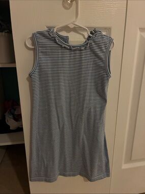Girls' Sleeveless Blue & White Striped Ruffle Neck Dress
